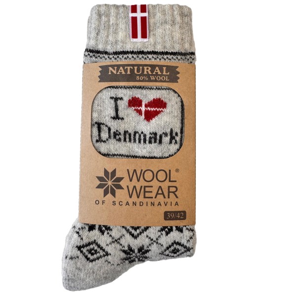 Wollsocken hellgrau/blau I love Denmark